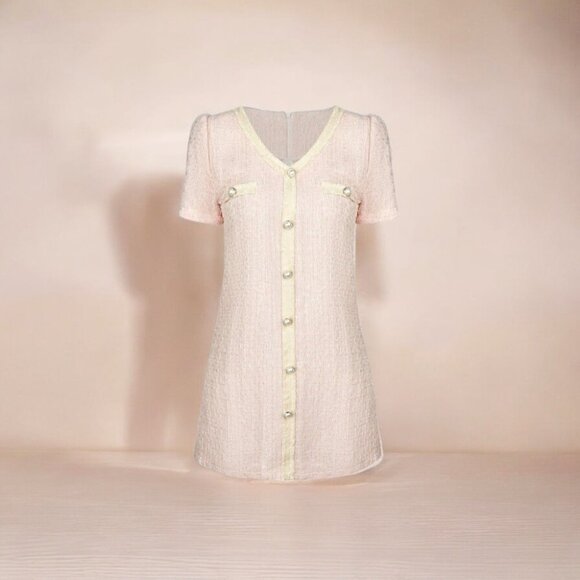 NWT J.ING Pink Button Detail V-Neck Short Sleeve Tweed Mini Dress - Picture 6 of 6